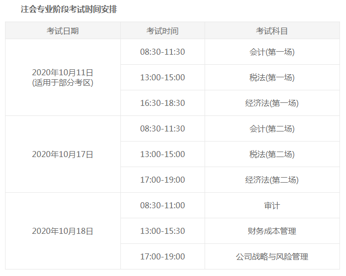 注冊會計師專業(yè)階段考試時間