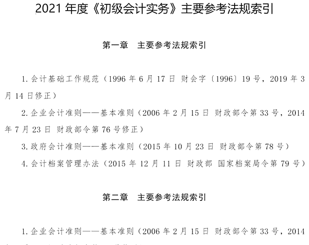 2021初级会计《会计实务》主要参考法规索引